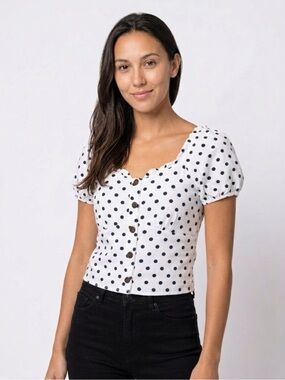 Monteau LA Polka Dot Puff Sleeve Smocked Crop S Cottagecore Milkmaid